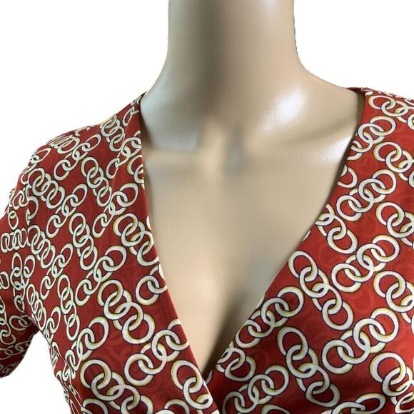 CAbi Red Geometric Long Sleeve Wrap Top Sz M Coach Cowgirl Chain Design Academia - Picture 2 of 15
